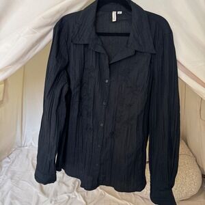 St Johns Bay Woman Black Crinkle Embroidered Button Down Shirt 2X Mens Womens
